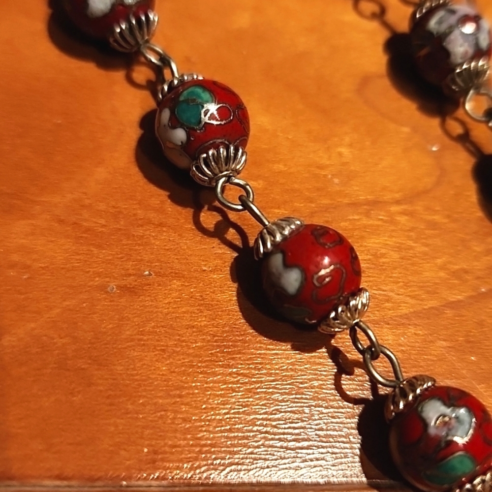 Silver and Red porcelain beaded necklace